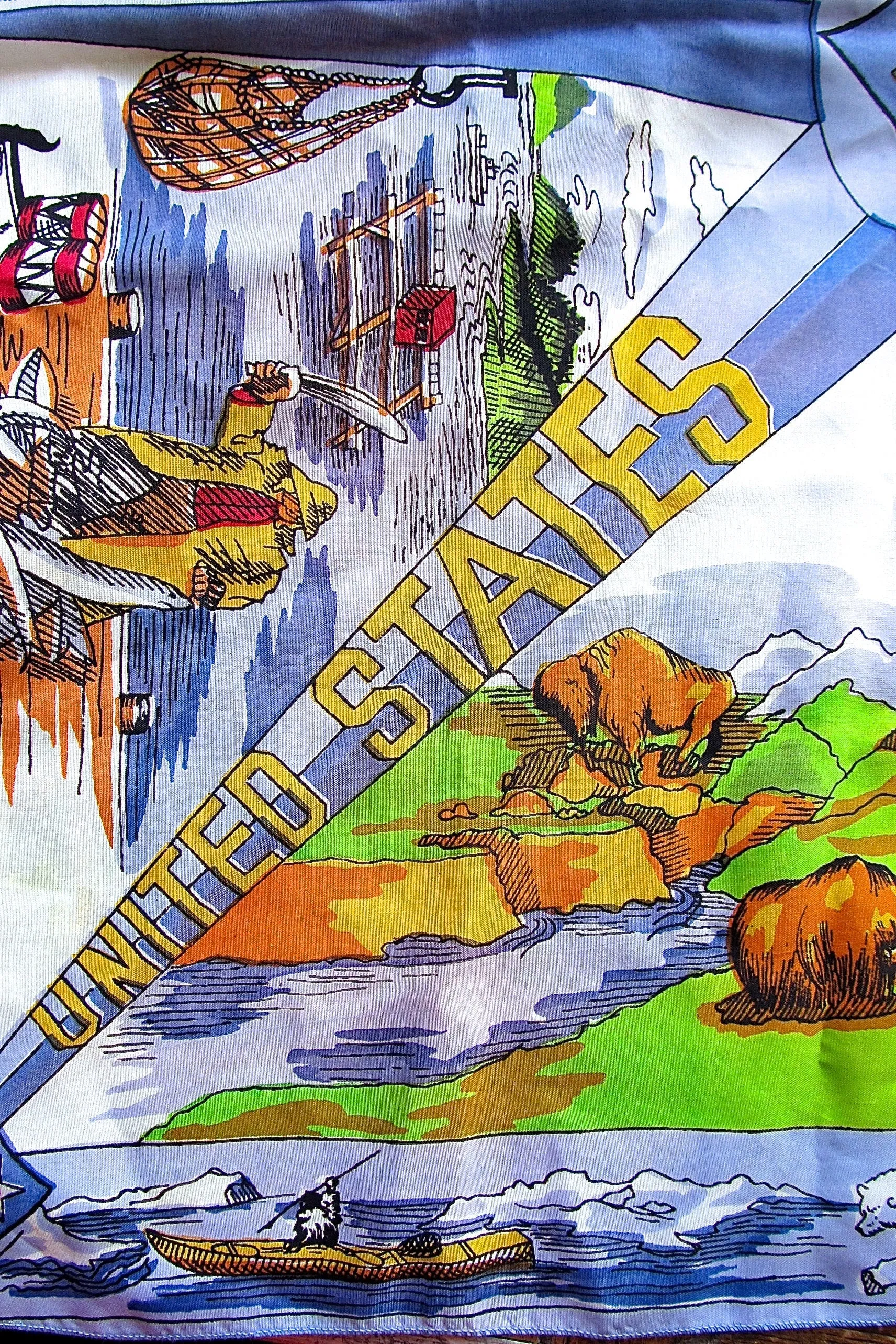 ALASKAN SIGHTS 1970's Vintage Detailed Alaskan Sights and Monuments Scarf