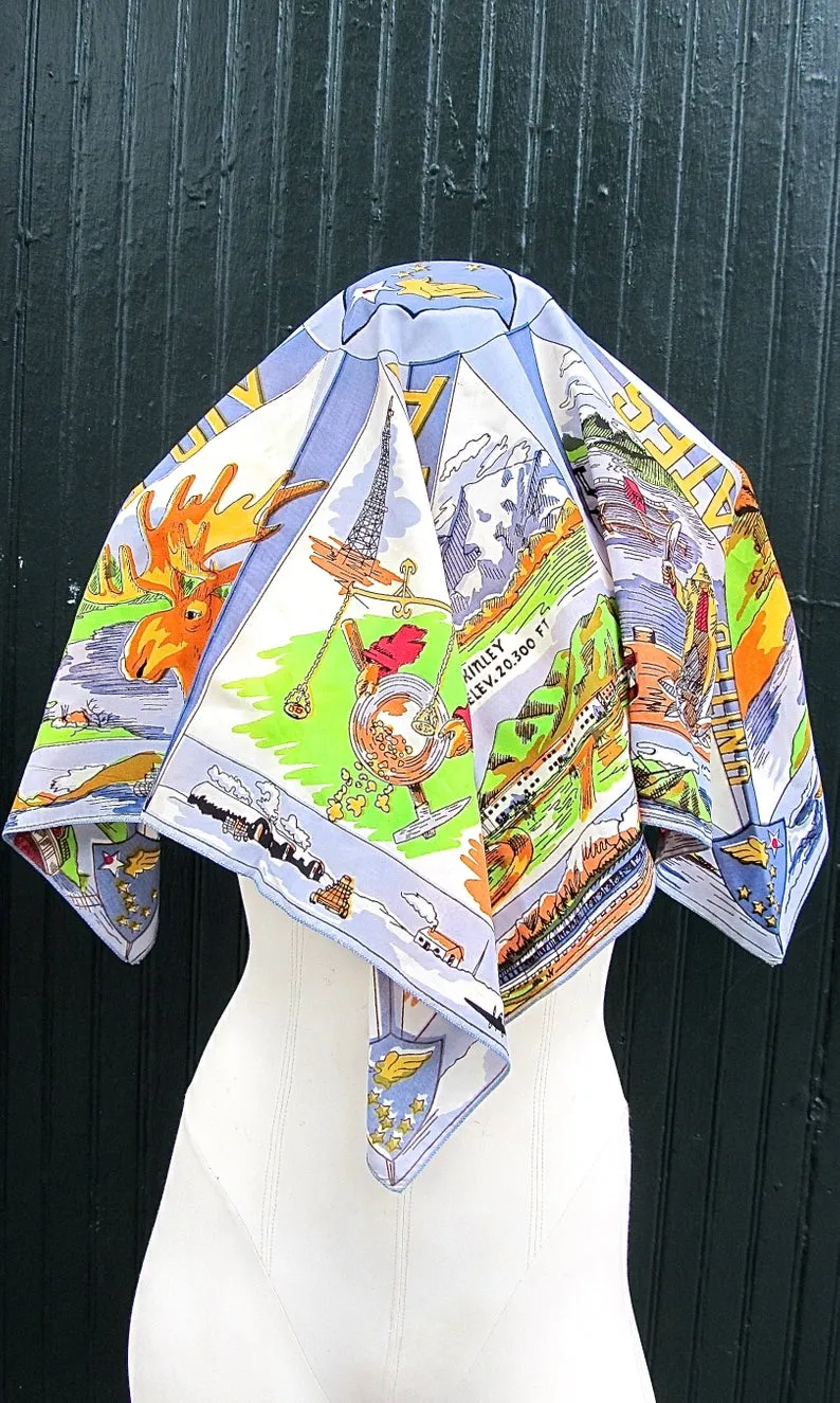 ALASKAN SIGHTS 1970's Vintage Detailed Alaskan Sights and Monuments Scarf