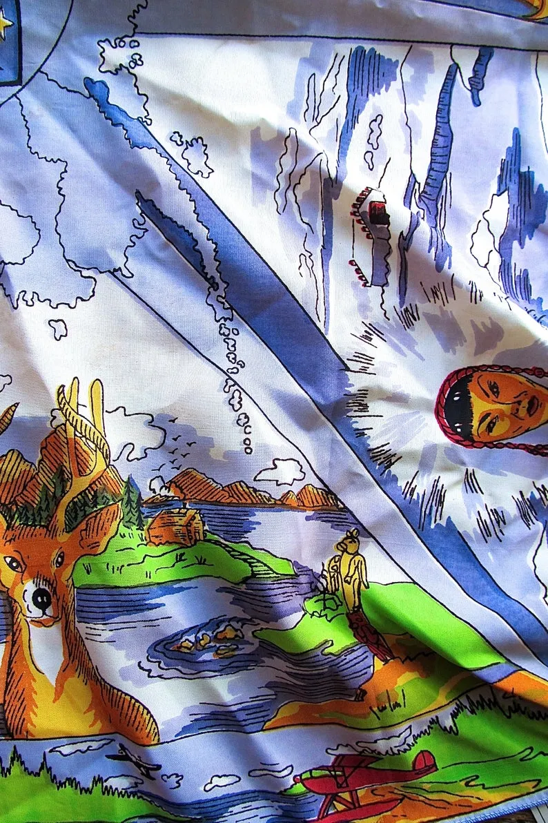 ALASKAN SIGHTS 1970's Vintage Detailed Alaskan Sights and Monuments Scarf