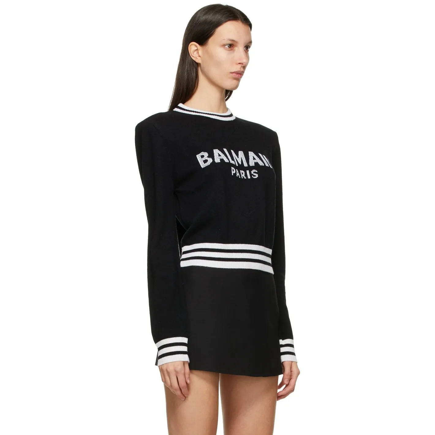 Balmain Black Wool Cropped Logo Sweater