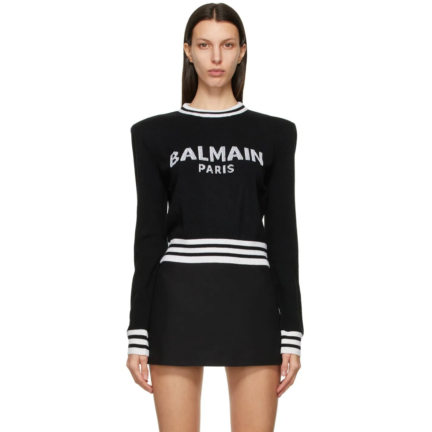 Balmain Black Wool Cropped Logo Sweater