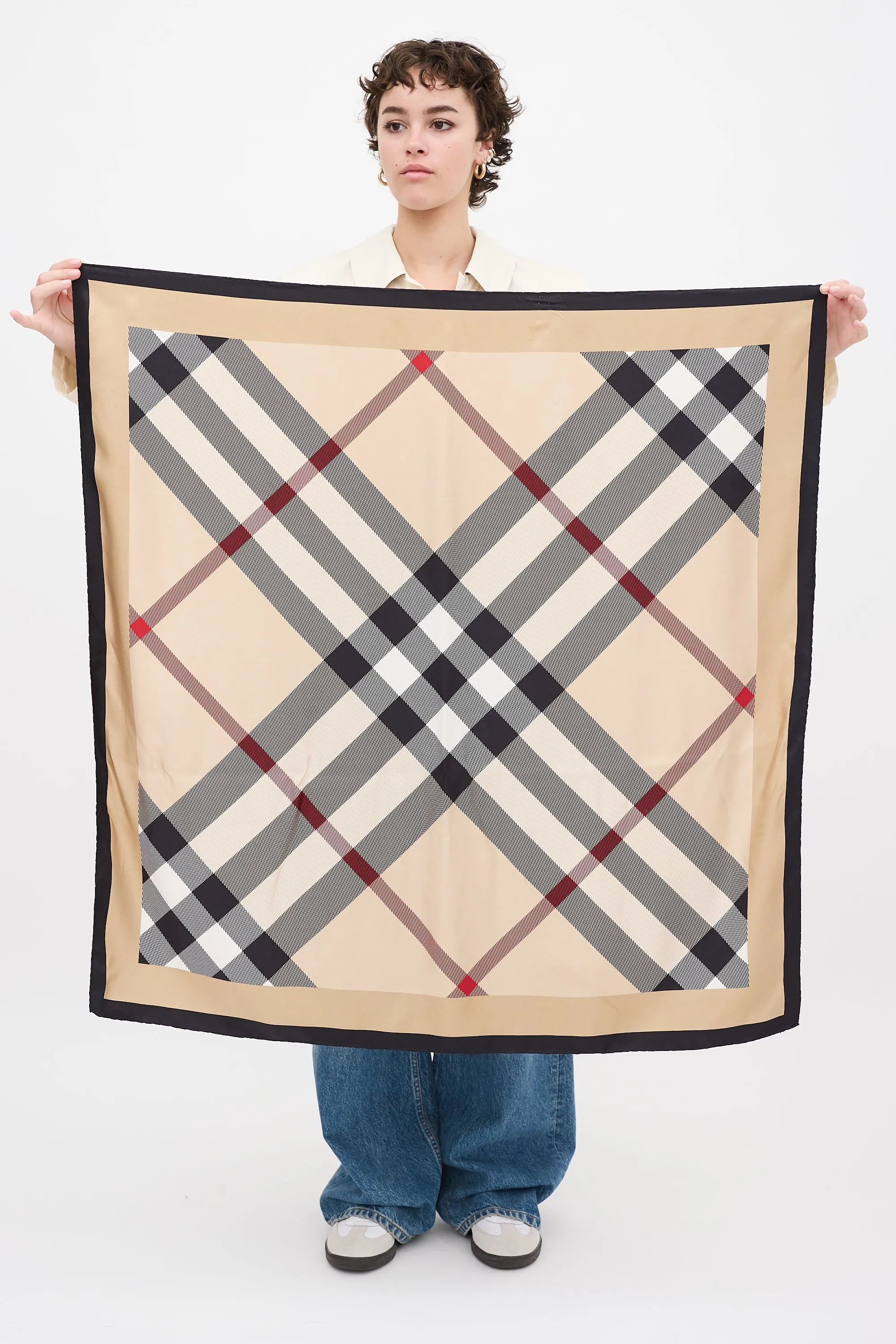 Beige & Multicolour Silk Nova Check Scarf