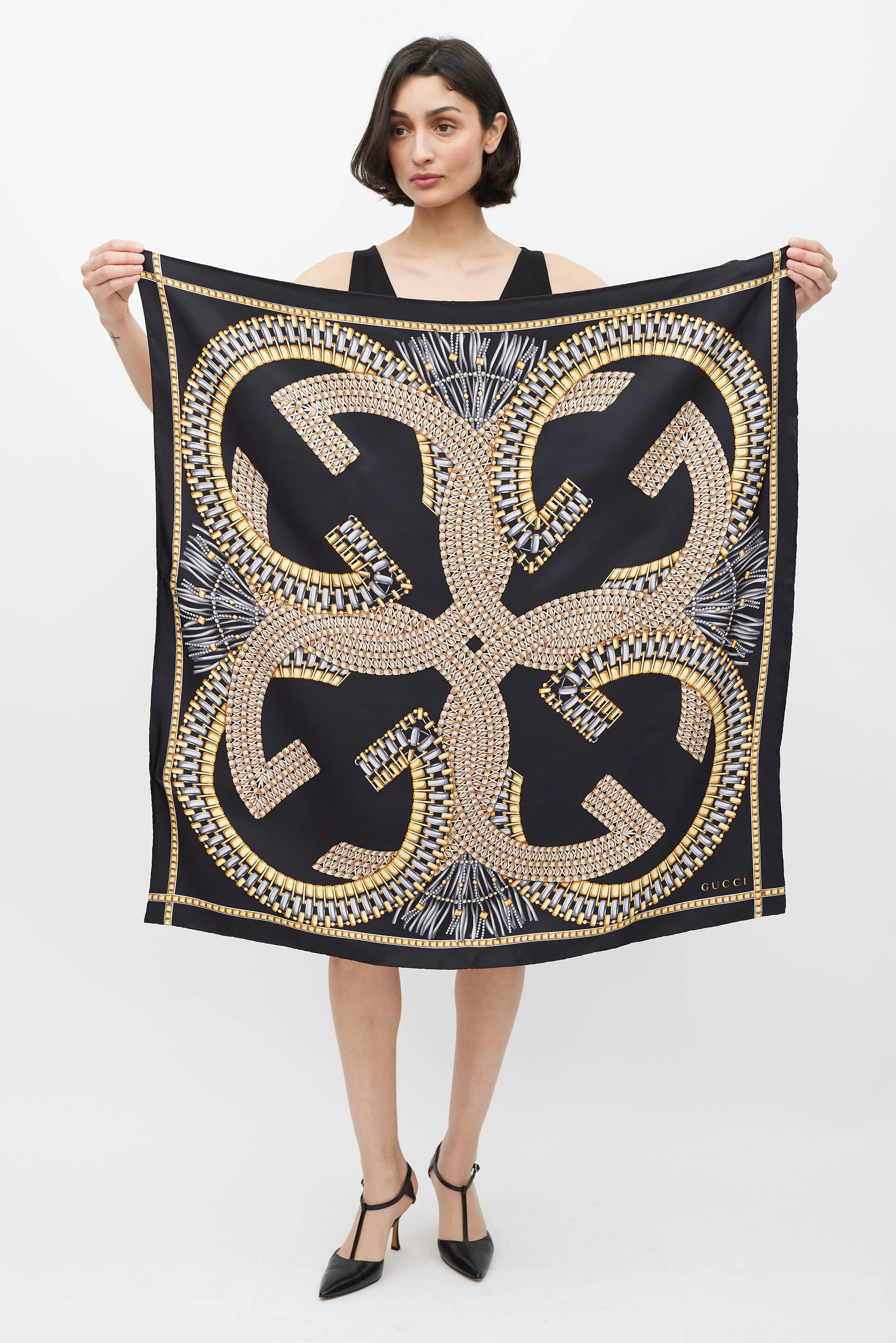 Black & Multi GG Link Printed Silk Scarf