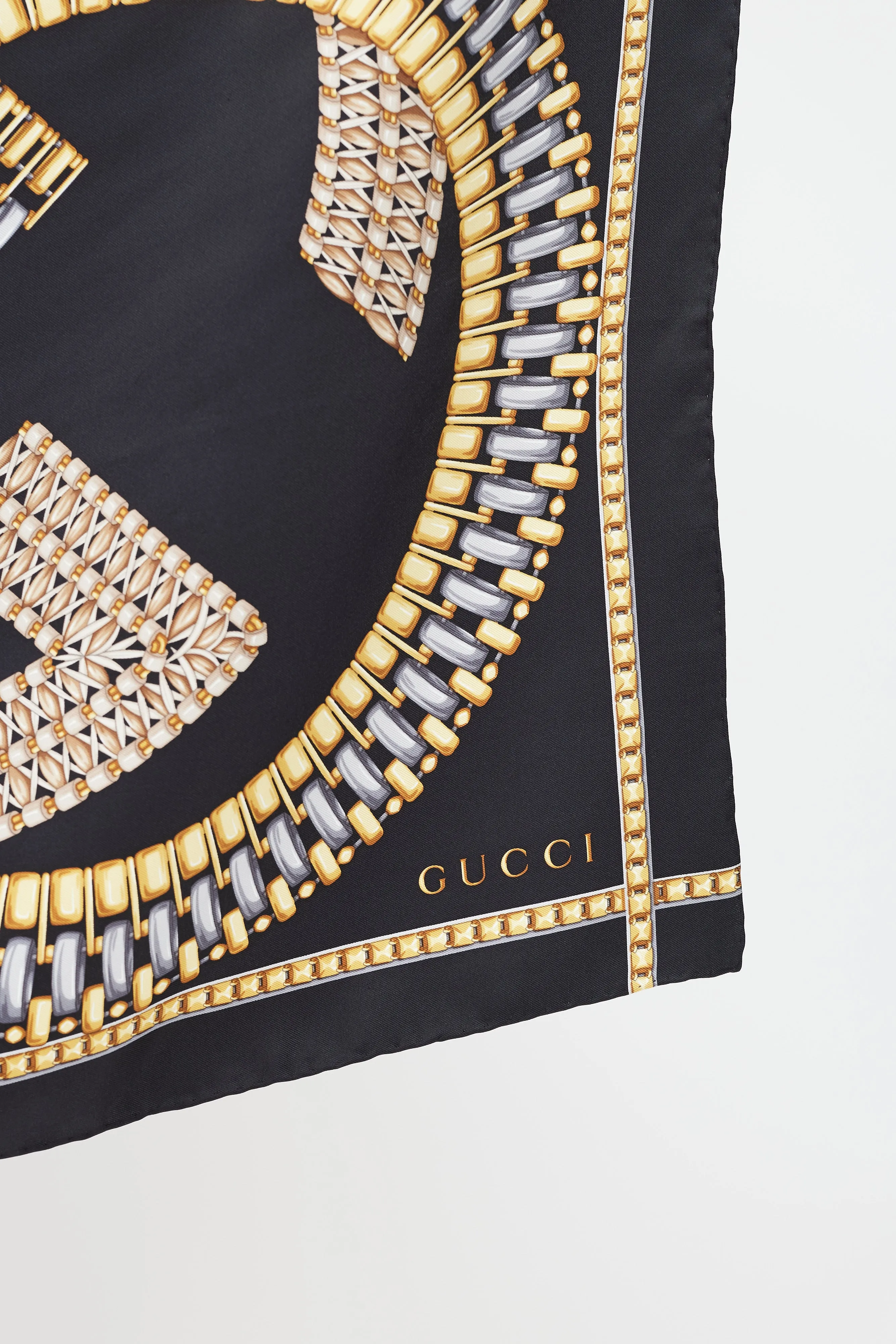 Black & Multi GG Link Printed Silk Scarf