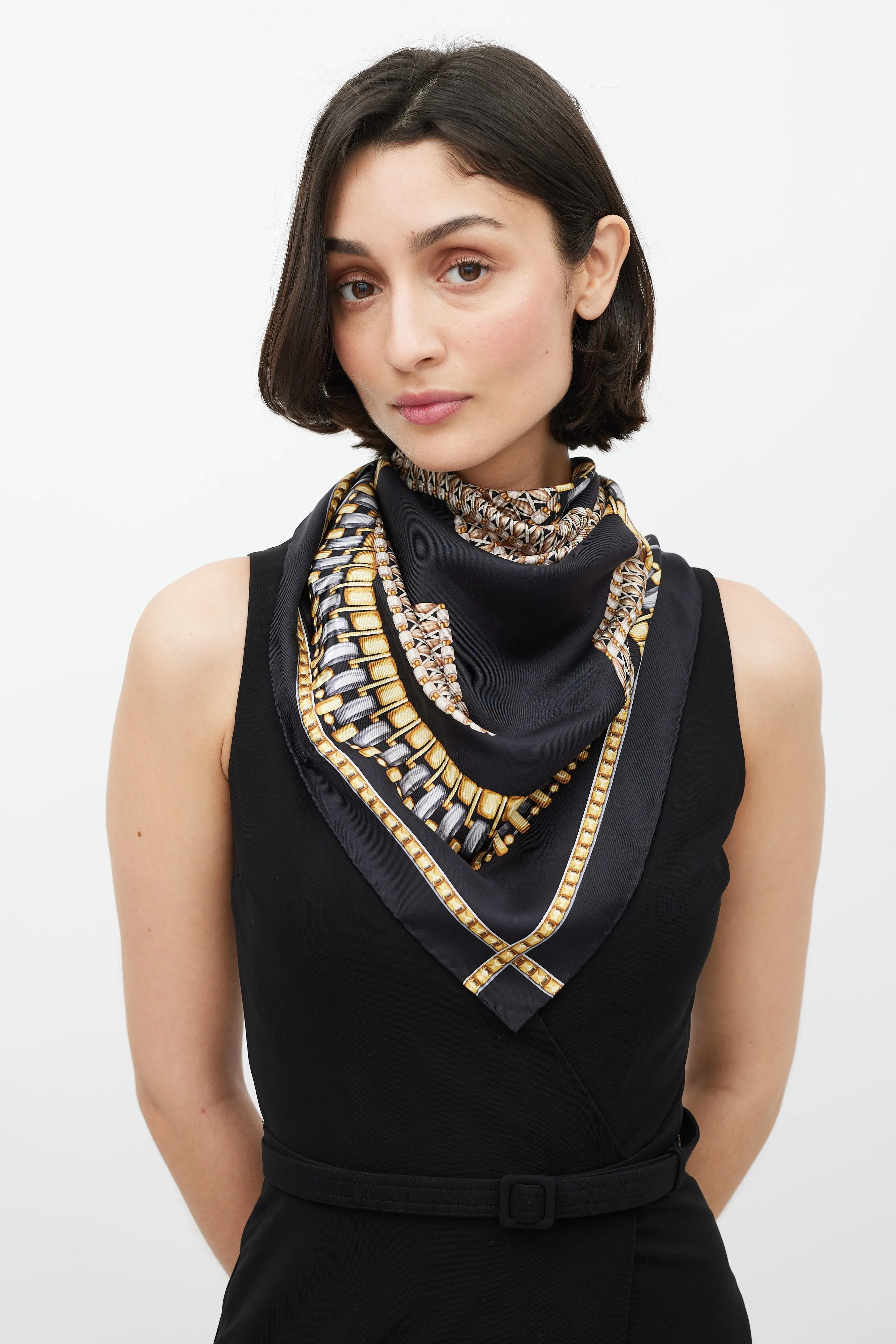 Black & Multi GG Link Printed Silk Scarf
