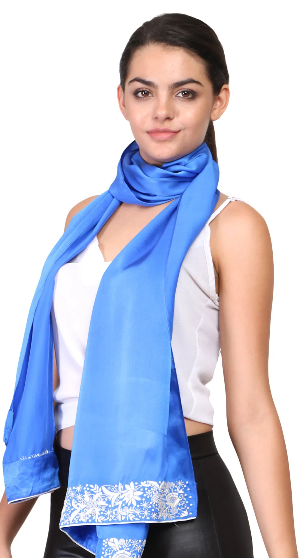 Blue White Garden Parsi Border Stole