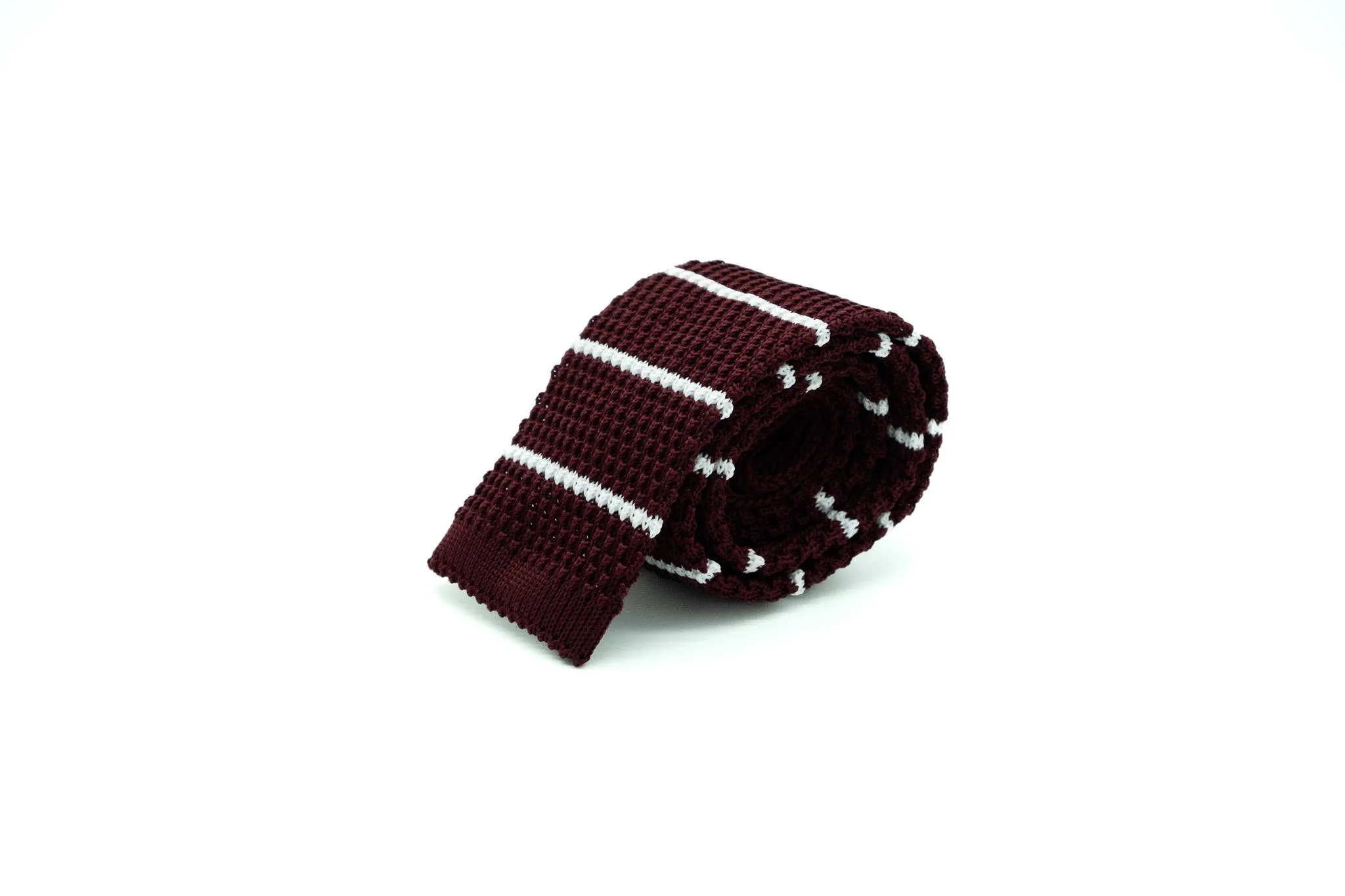Burgundy Knit Tie with White Stripes