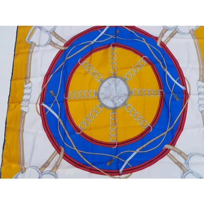 Celine Blue Red Grey Gold Equestrian Print Silk Scarf