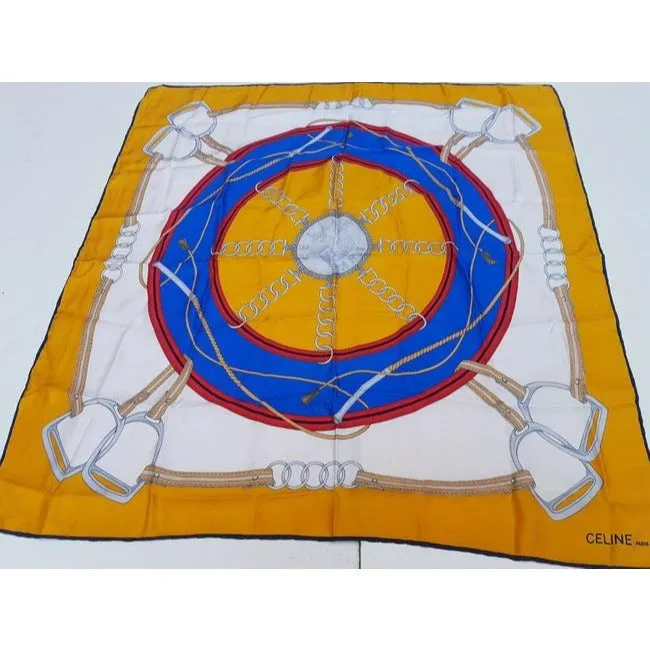 Celine Blue Red Grey Gold Equestrian Print Silk Scarf