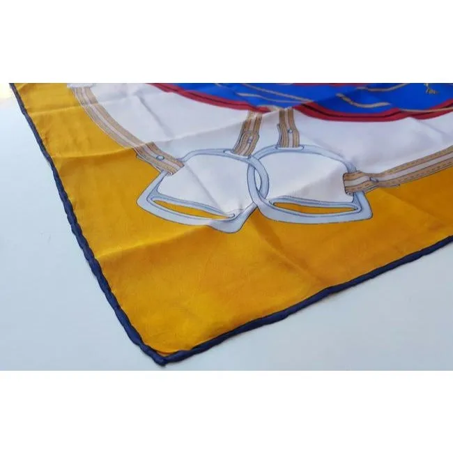 Celine Blue Red Grey Gold Equestrian Print Silk Scarf