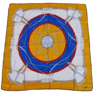 Celine Blue Red Grey Gold Equestrian Print Silk Scarf