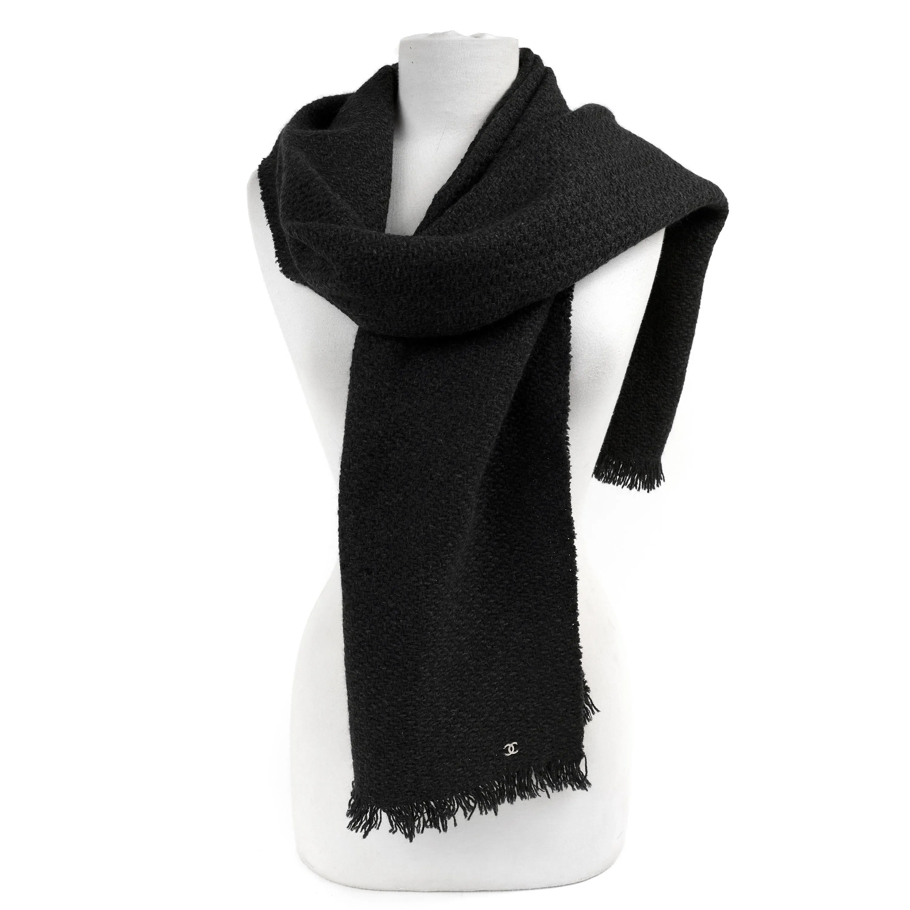 Chanel Black Wool Blend Scarf w/ CC Detail