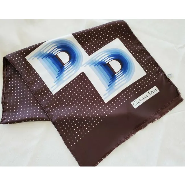 Dior Blue Brown White Trotter Print Logo Silk Scarf