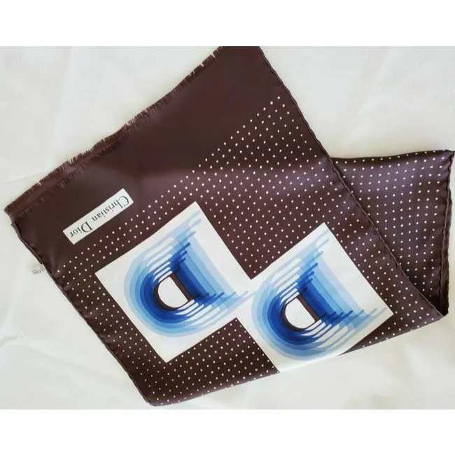 Dior Blue Brown White Trotter Print Logo Silk Scarf