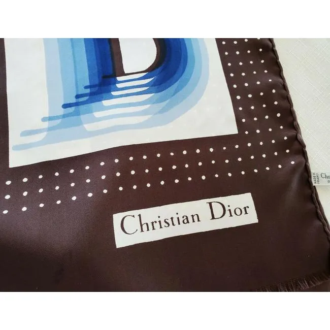 Dior Blue Brown White Trotter Print Logo Silk Scarf