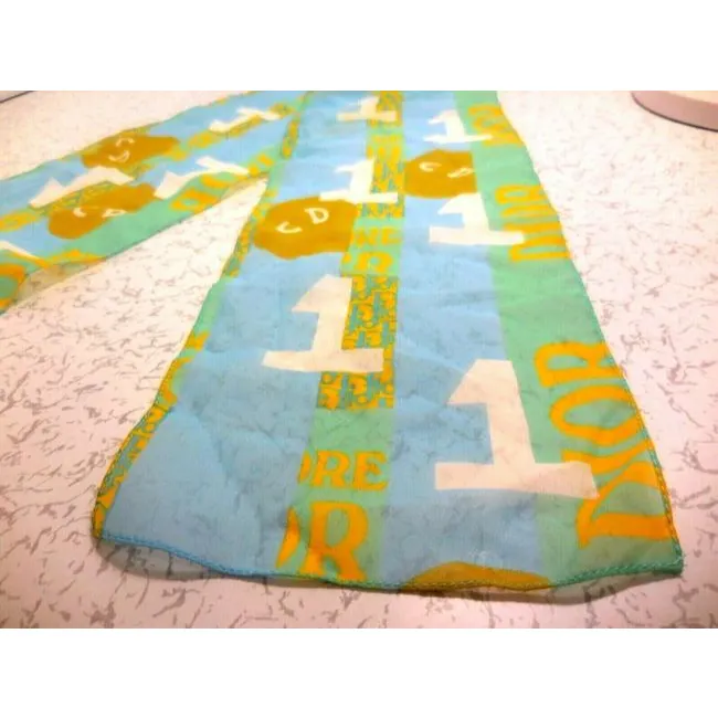 Dior John Galliano Blue Gold Green Trotter Print Logo Silk Sporty Scarf