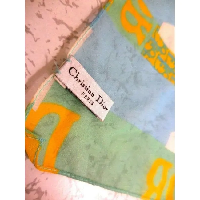 Dior John Galliano Blue Gold Green Trotter Print Logo Silk Sporty Scarf