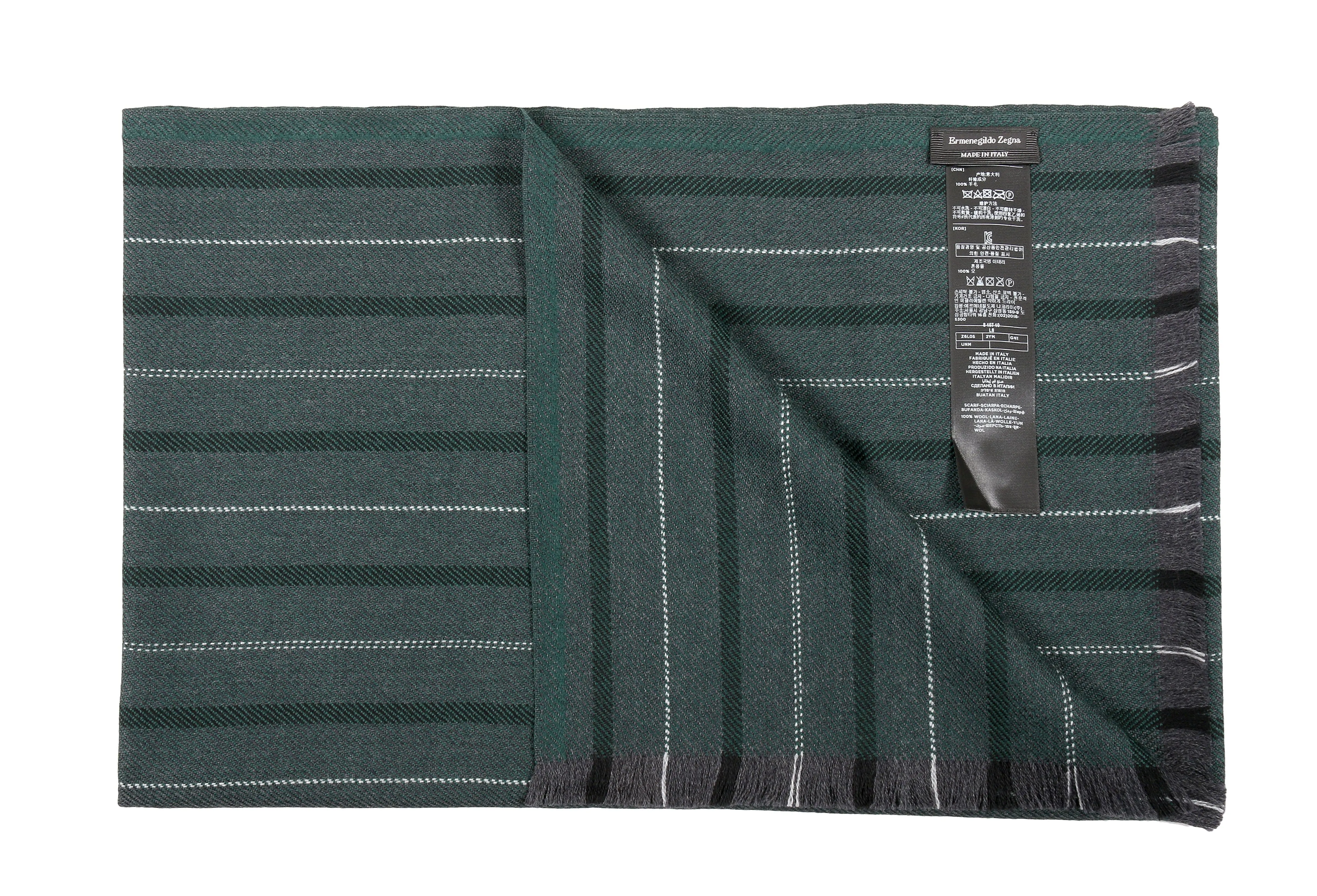 Ermenegildo Zegna Green Fine Stripe Pure Wool Fringe Scarf