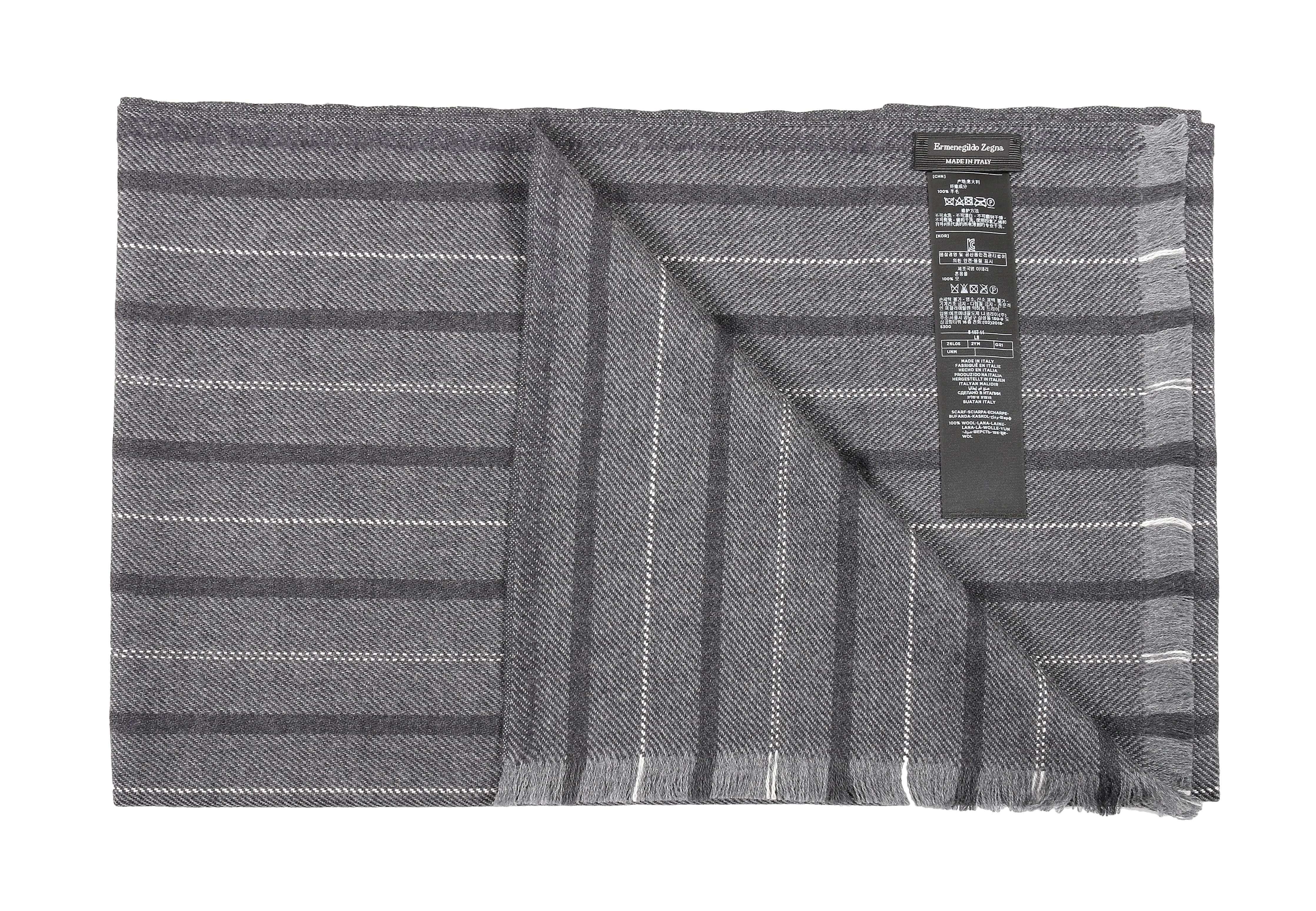 Ermenegildo Zegna Grey Fine Stripe Pure Wool Fringe Scarf