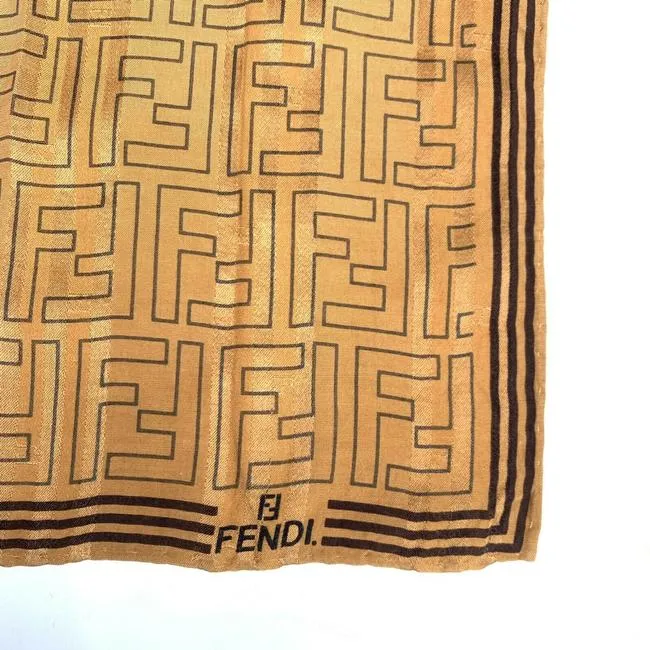 Fendi Orange Brown Zucca Print Logo Square Silk Scarf