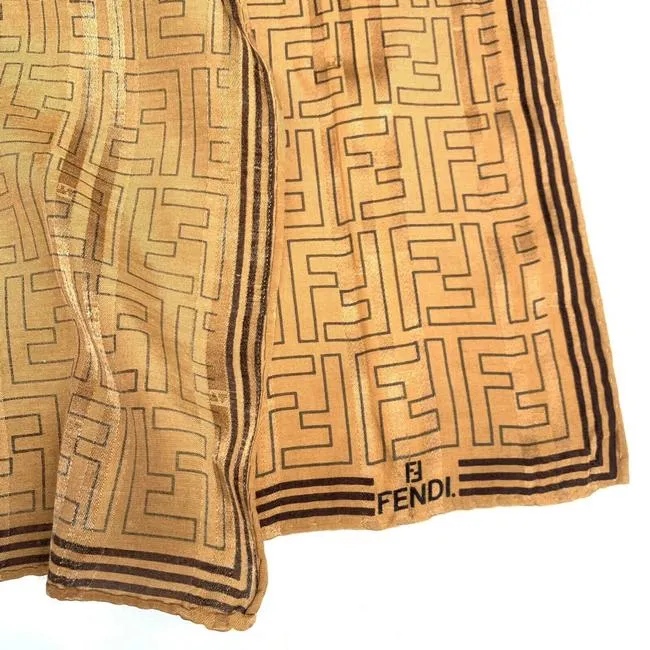 Fendi Orange Brown Zucca Print Logo Square Silk Scarf