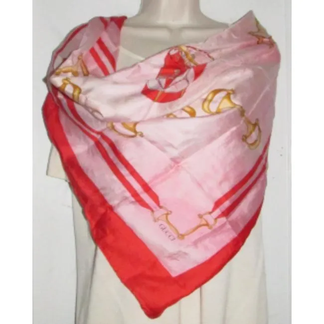 Gucci Red Black Gold White Horse-Bit Equestrian Print Silk Scarf