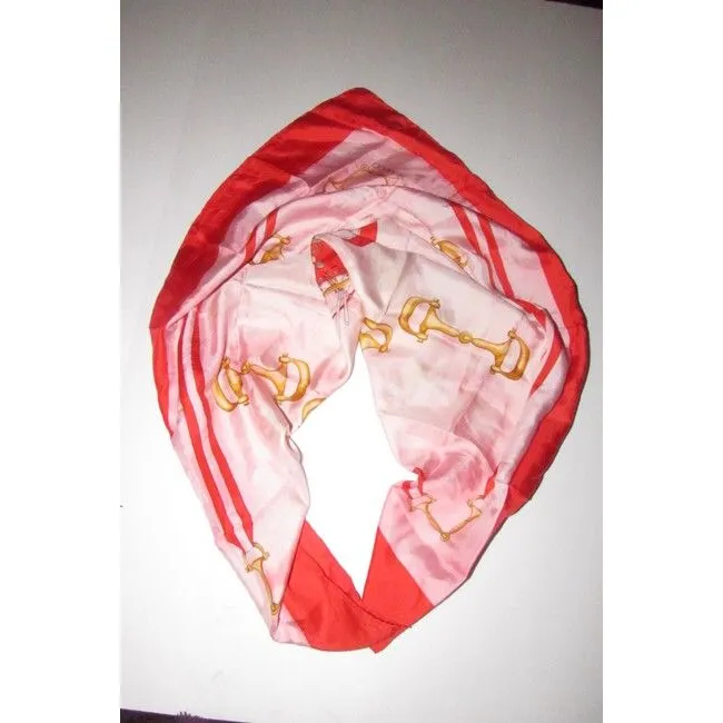 Gucci Red Black Gold White Horse-Bit Equestrian Print Silk Scarf