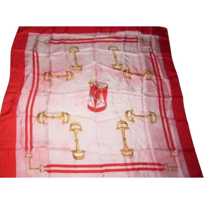 Gucci Red Black Gold White Horse-Bit Equestrian Print Silk Scarf