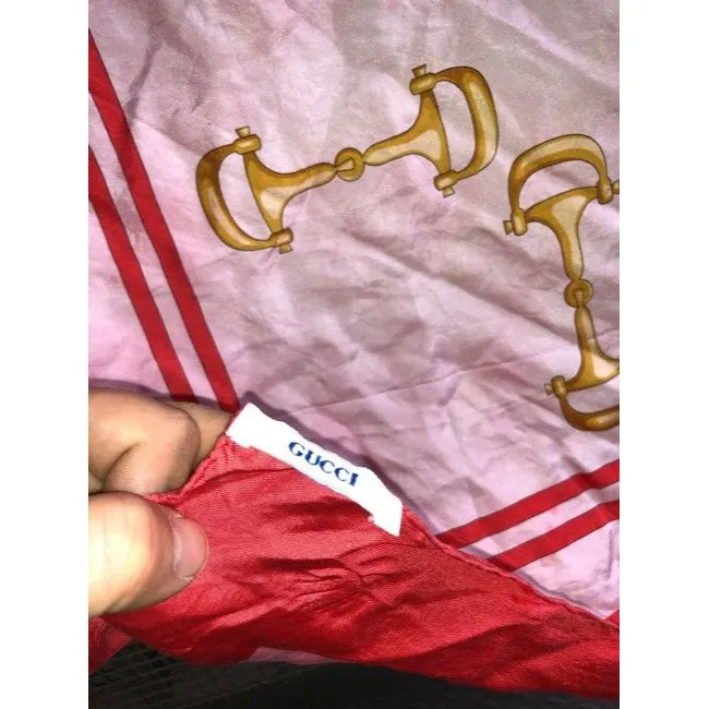 Gucci Red Black Gold White Horse-Bit Equestrian Print Silk Scarf