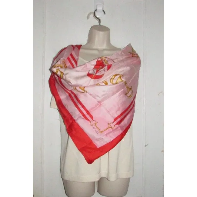 Gucci Red Black Gold White Horse-Bit Equestrian Print Silk Scarf