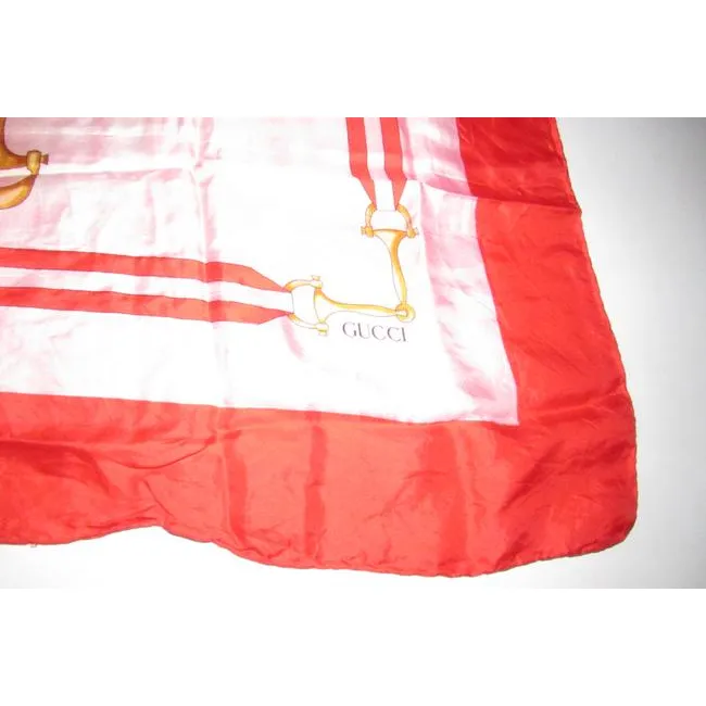 Gucci Red Black Gold White Horse-Bit Equestrian Print Silk Scarf