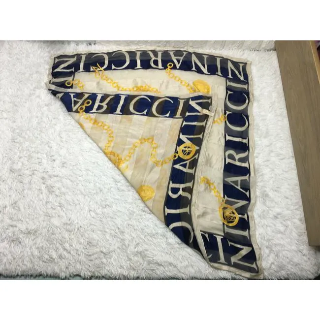 Nina Ricci Navy Gold White Print Nautical Equestrian Logo Silk Scarf