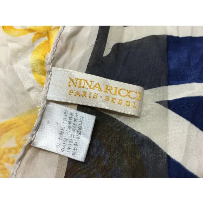 Nina Ricci Navy Gold White Print Nautical Equestrian Logo Silk Scarf