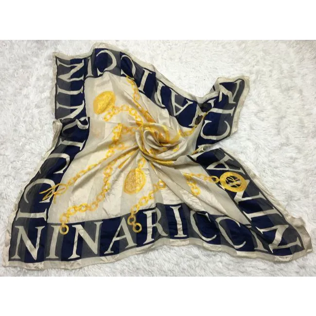 Nina Ricci Navy Gold White Print Nautical Equestrian Logo Silk Scarf