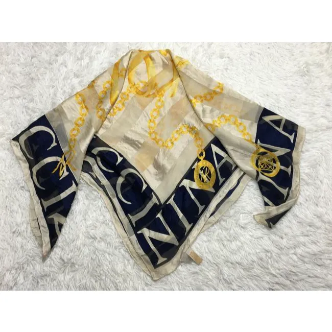 Nina Ricci Navy Gold White Print Nautical Equestrian Logo Silk Scarf