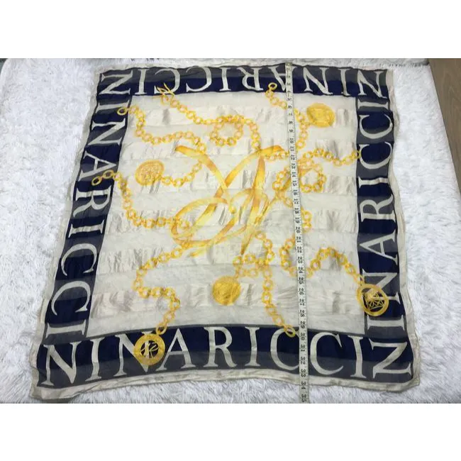 Nina Ricci Navy Gold White Print Nautical Equestrian Logo Silk Scarf