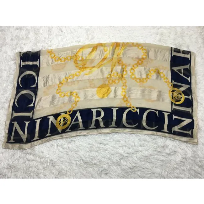 Nina Ricci Navy Gold White Print Nautical Equestrian Logo Silk Scarf