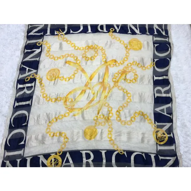 Nina Ricci Navy Gold White Print Nautical Equestrian Logo Silk Scarf