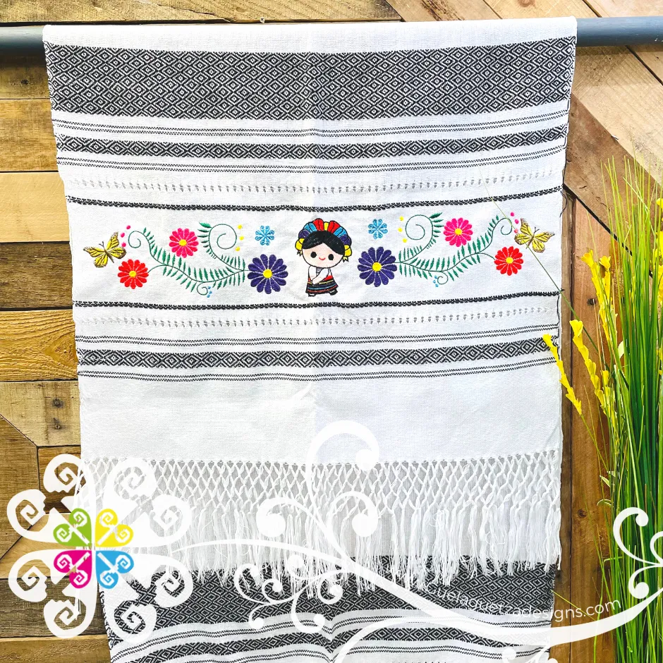 Otomi Doll Embroider Scarf- Artisan Pedal Loom Shawl