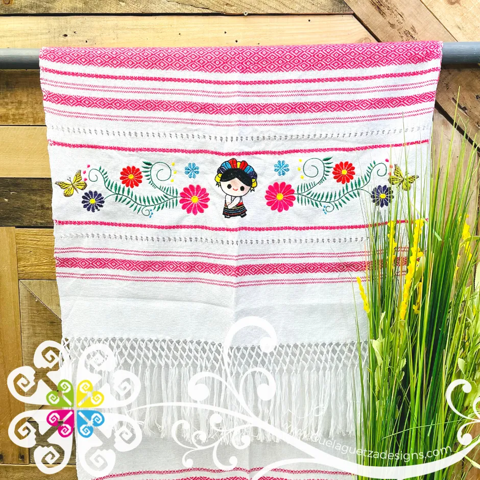 Otomi Doll Embroider Scarf- Artisan Pedal Loom Shawl