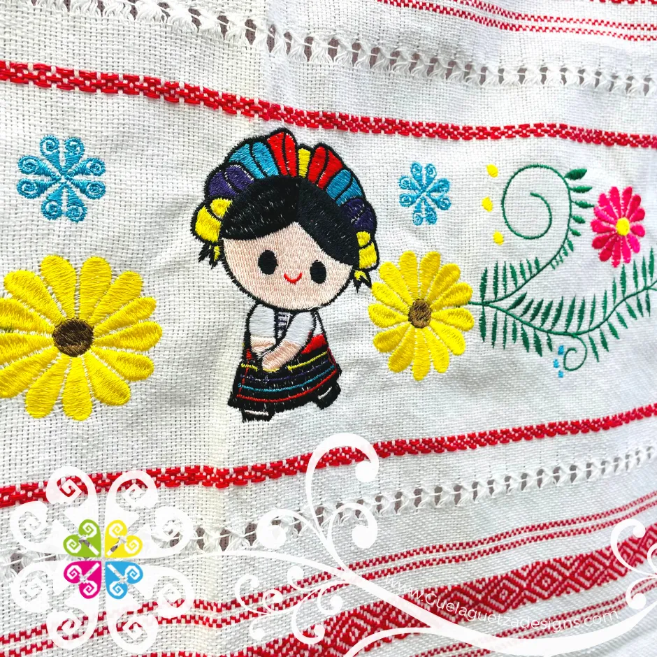 Otomi Doll Embroider Scarf- Artisan Pedal Loom Shawl