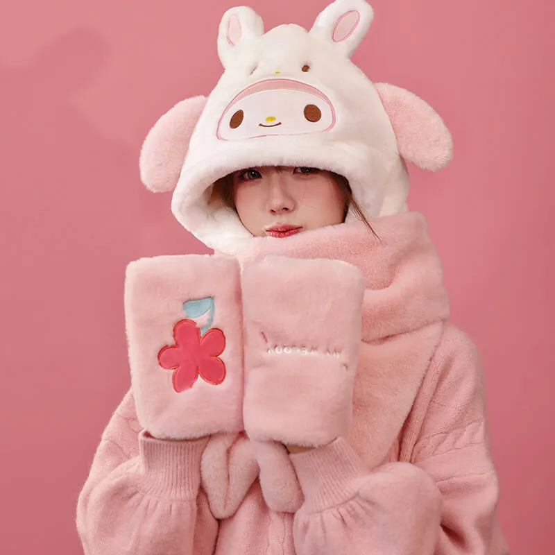Sanrio Otomodachi Kigurumi 3 in 1 Fluffy Hat Scarf Mitten