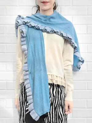 Tonal Blue Pleated Frills Wool & Cashmere Ruana - Scarf