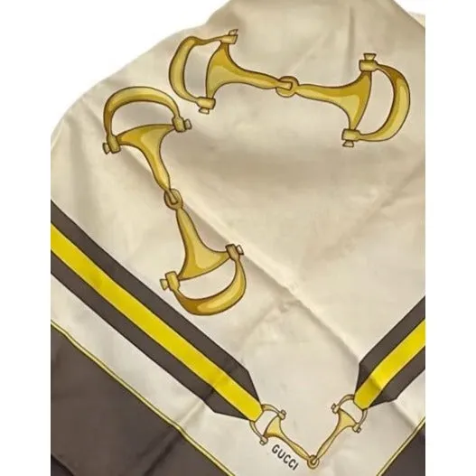 Vintage, Gucci, equestrian print, 35" square, 100 % silk scarf in brown, gold, & black on a white background with a wide brown border