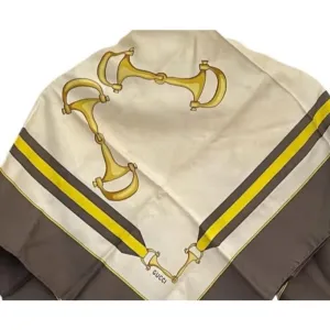 Vintage, Gucci, equestrian print, 35" square, 100 % silk scarf in brown, gold, & black on a white background with a wide brown border