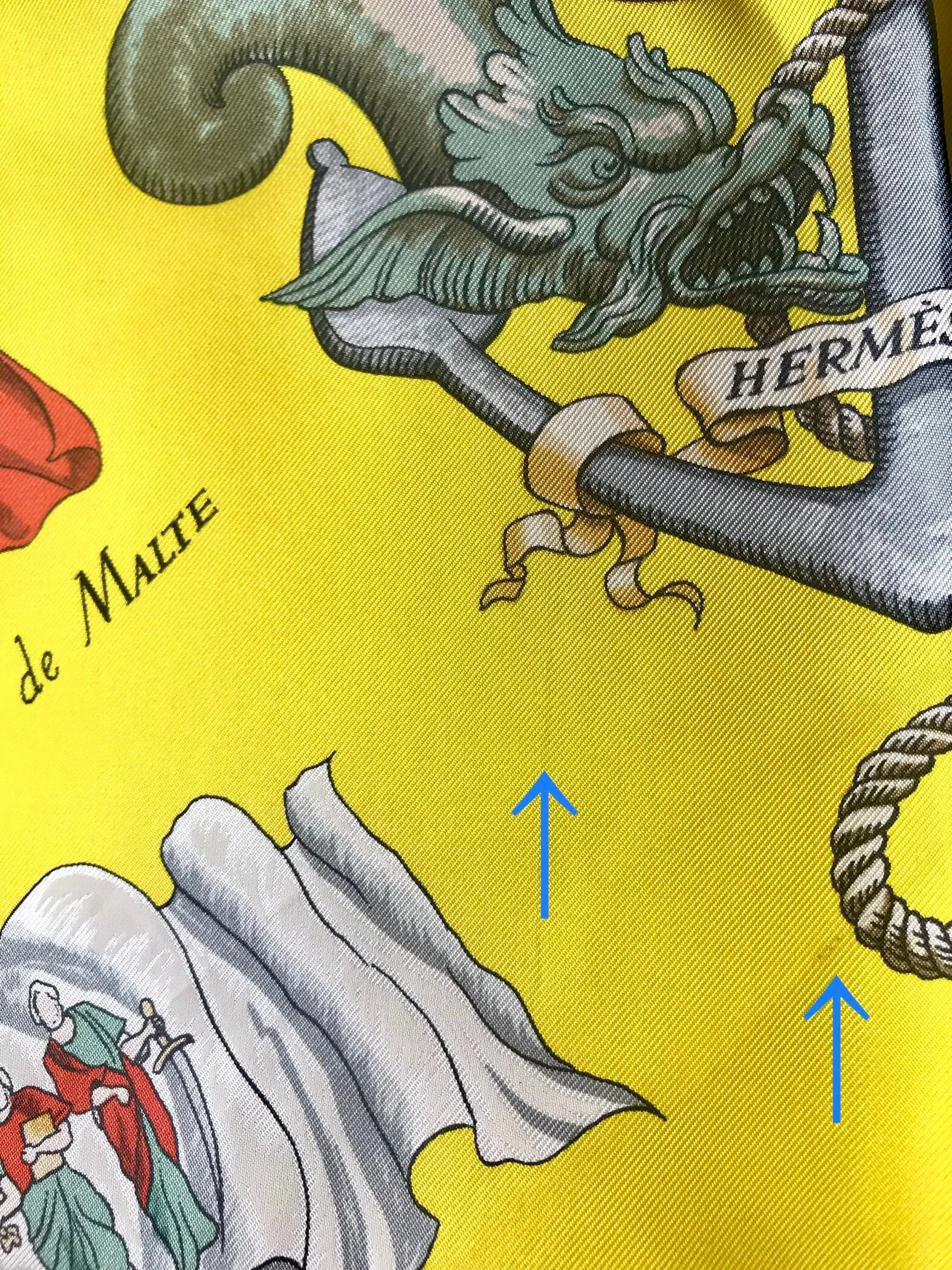 Vintage HERMES Carre large yellow silk scarf with red, blue, and white flag print. Best foulard.  PAVOIS.