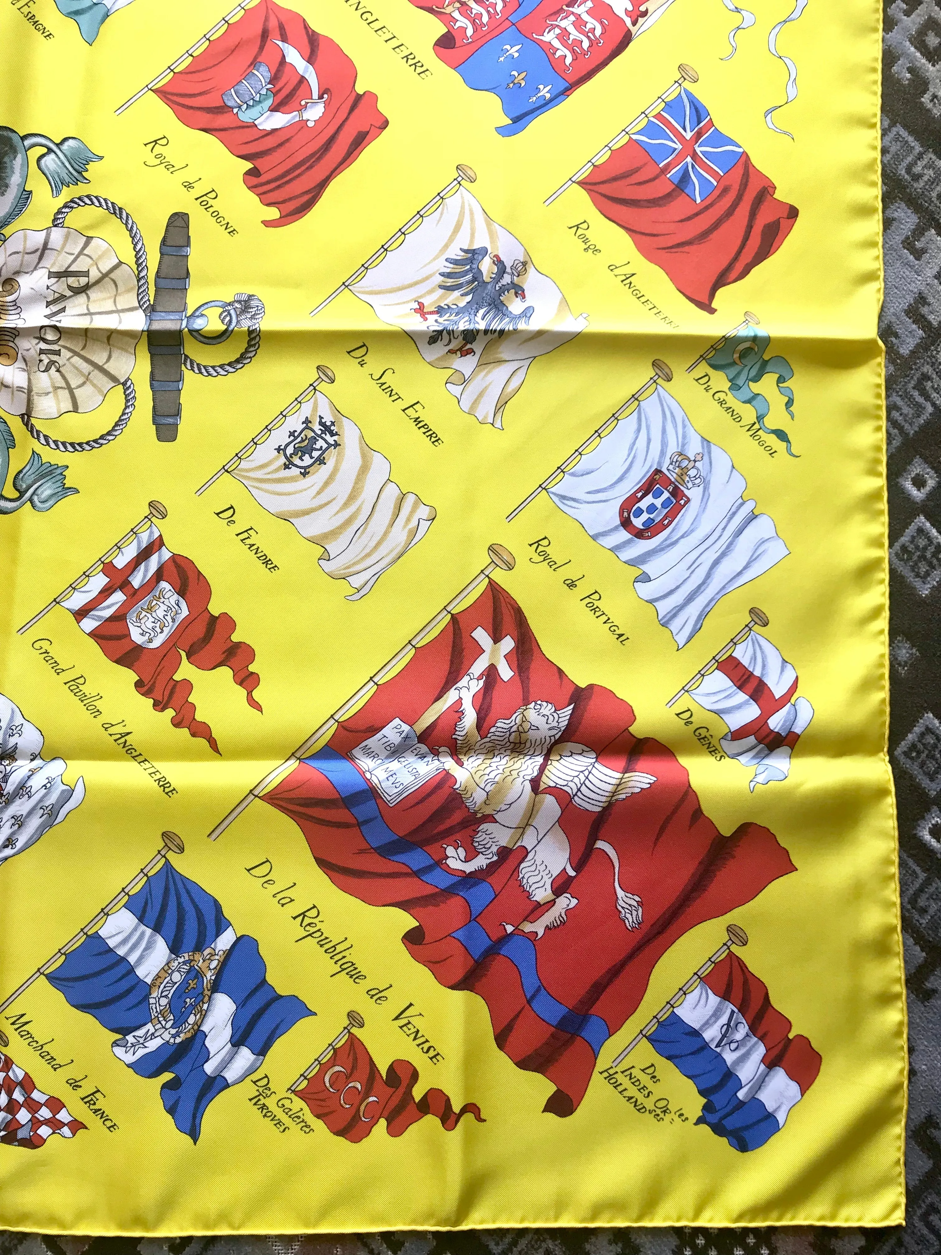 Vintage HERMES Carre large yellow silk scarf with red, blue, and white flag print. Best foulard.  PAVOIS.