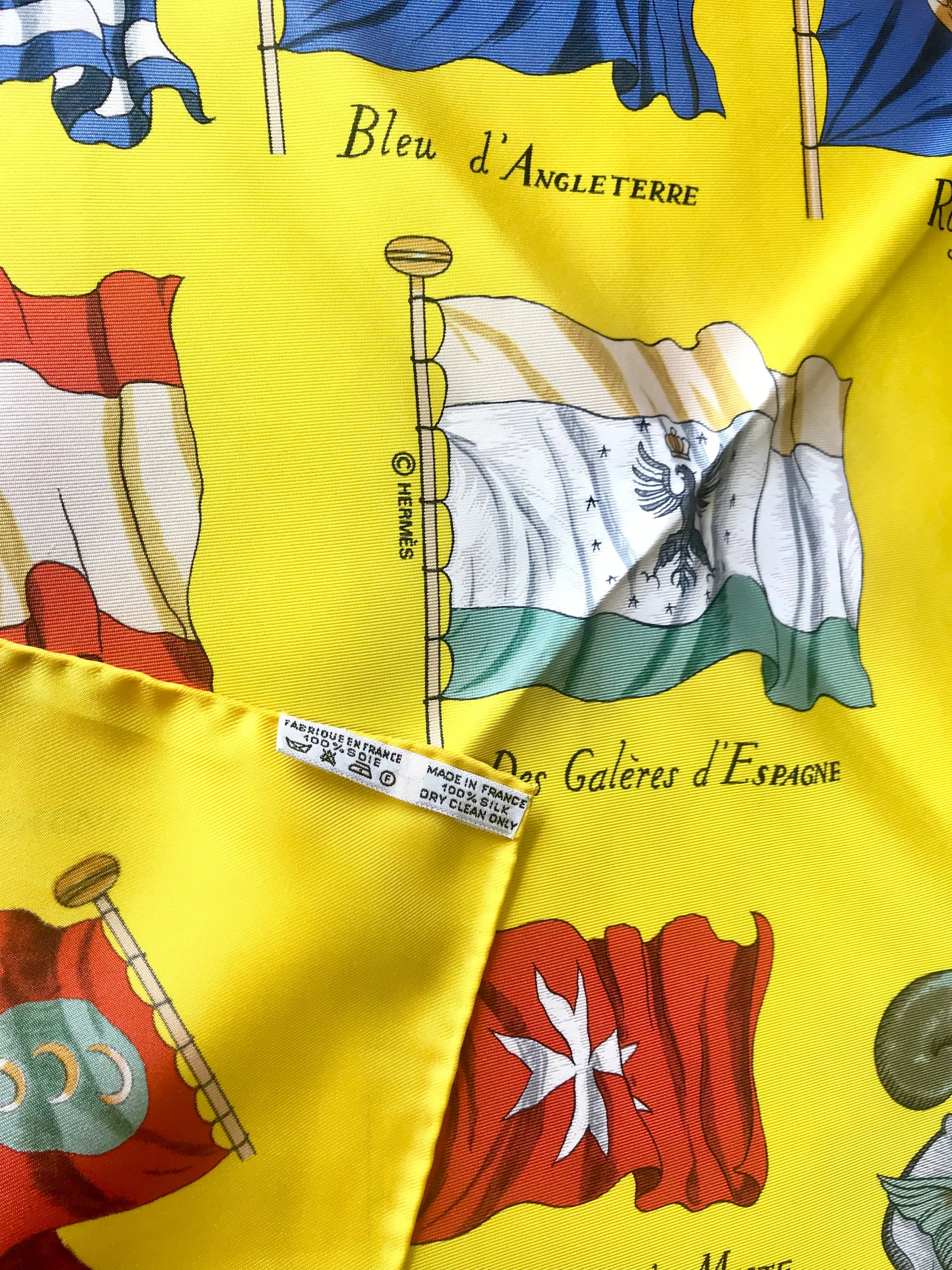 Vintage HERMES Carre large yellow silk scarf with red, blue, and white flag print. Best foulard.  PAVOIS.