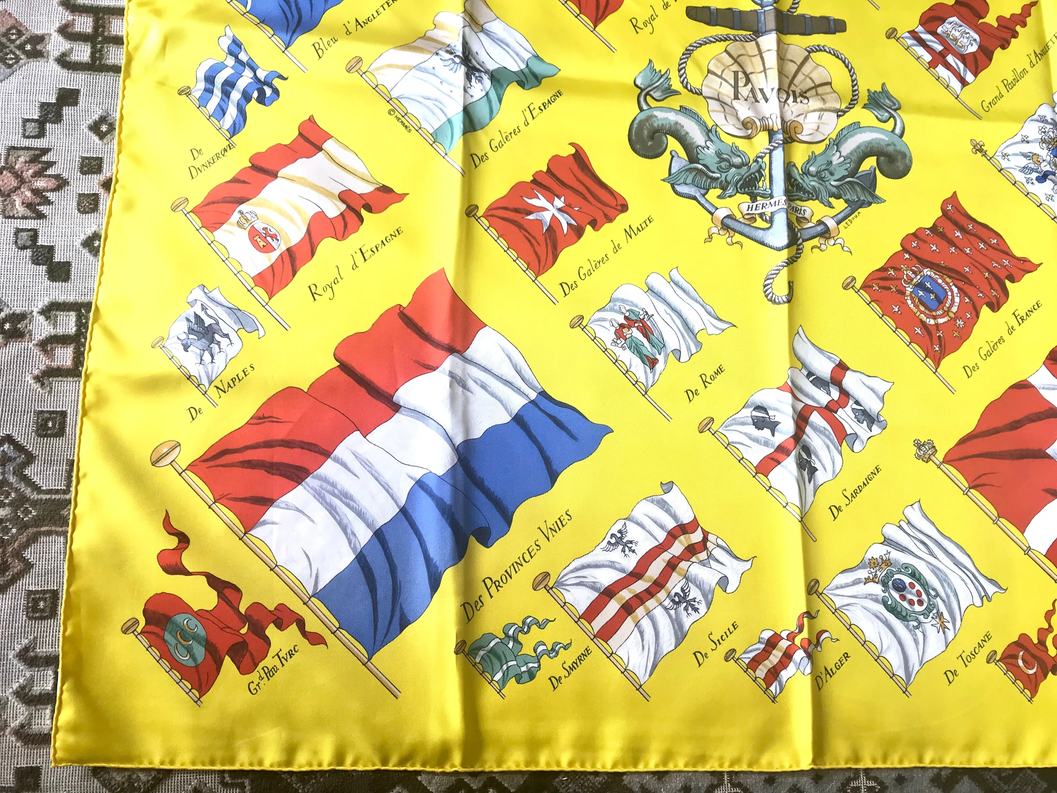 Vintage HERMES Carre large yellow silk scarf with red, blue, and white flag print. Best foulard.  PAVOIS.