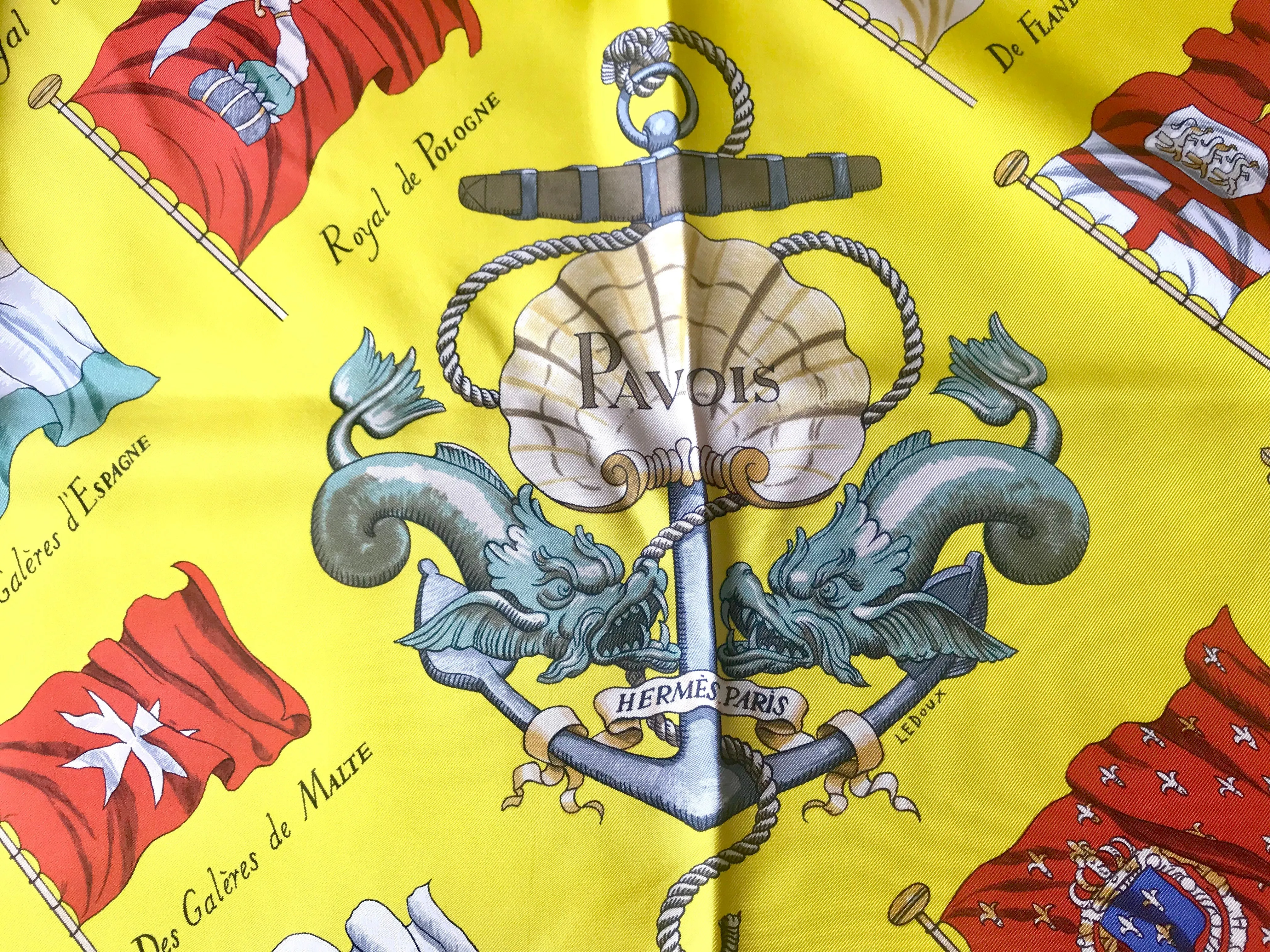 Vintage HERMES Carre large yellow silk scarf with red, blue, and white flag print. Best foulard.  PAVOIS.